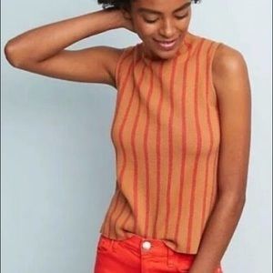 Anthropologie Womens Red Tan Stripe Mock Neck Sleeveless Sweater Top M